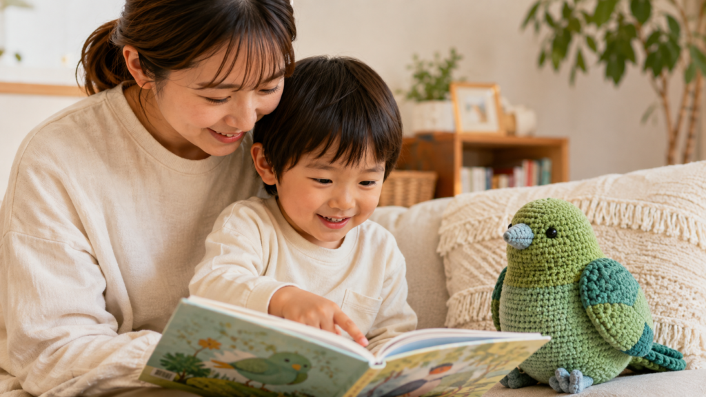 絵本とぬいぐるみを一緒に楽しむ子ども