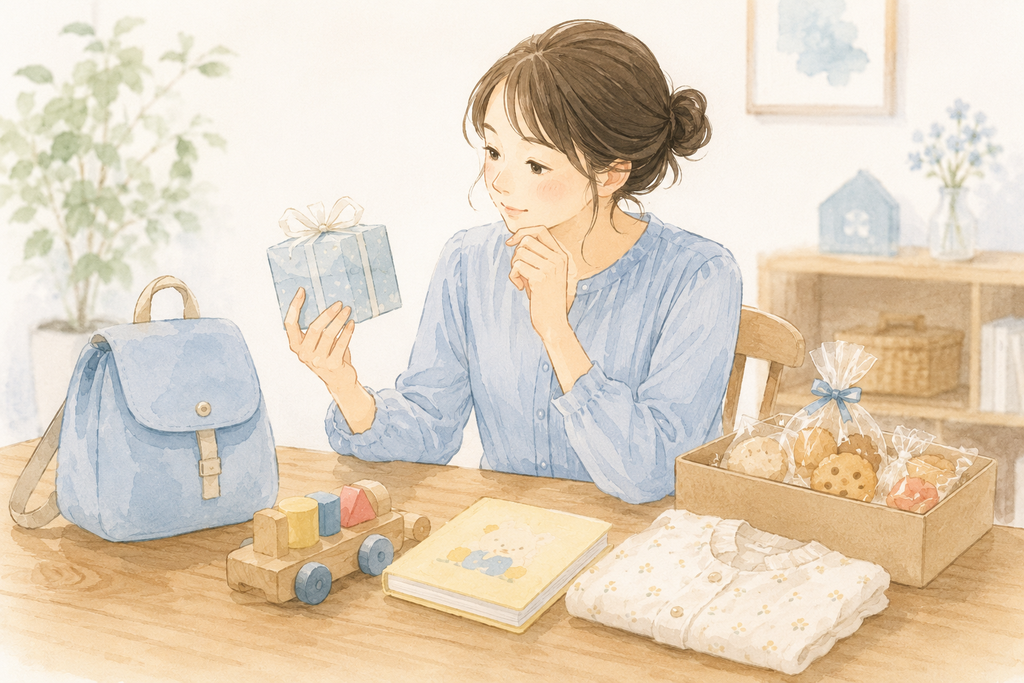 1歳の誕生日プレゼントを選ぶ女性のイラスト