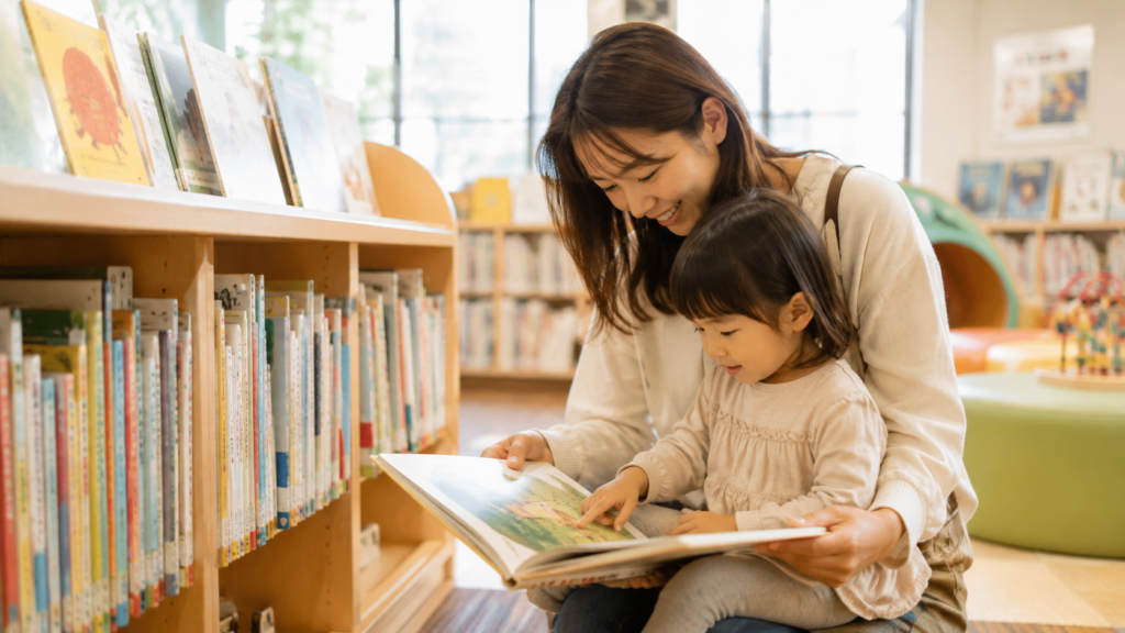 子どもと図書館で絵本を選ぶ様子
