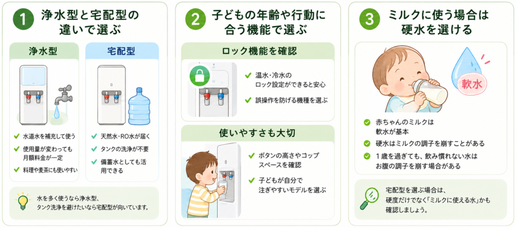 子どもがいる家庭でウォーターサーバーを選ぶ3つのポイント