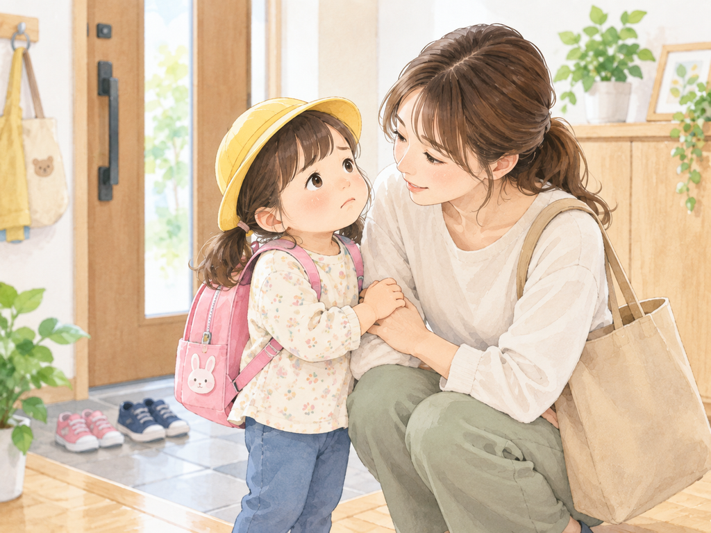 玄関で寄り添う母子