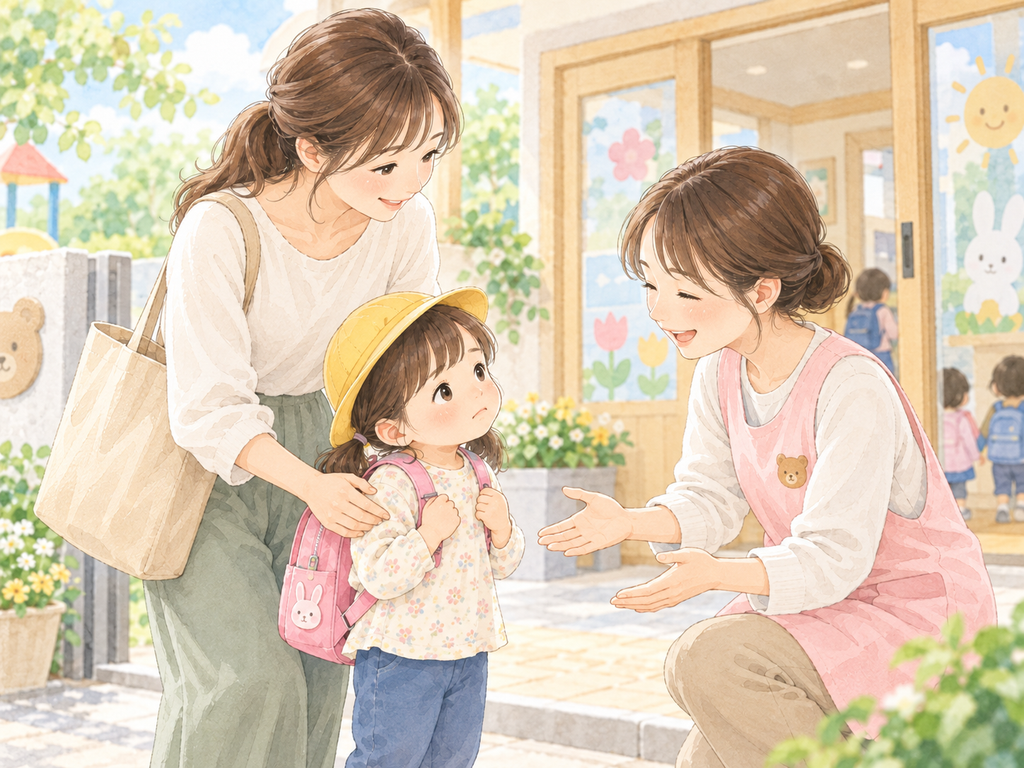 春の幼稚園、お迎えの笑顔